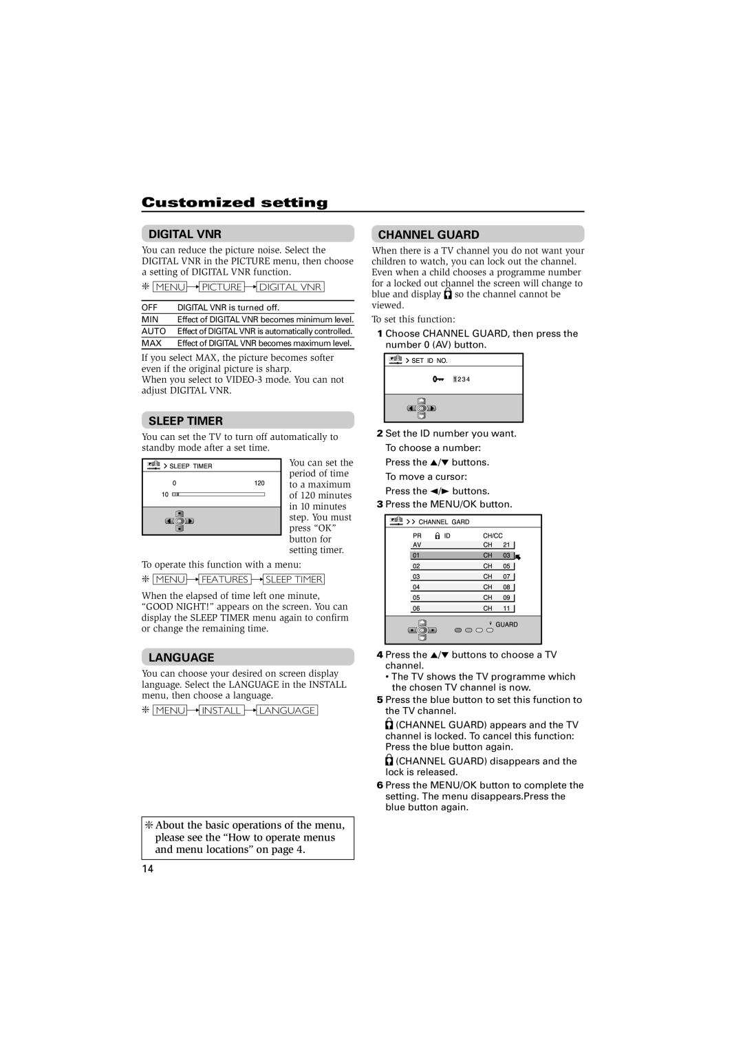 JVC GGT0087-001A-H, HV-29VL15 specifications Customized setting, Digital VNR, Sleep Timer, Language, Channel Guard 