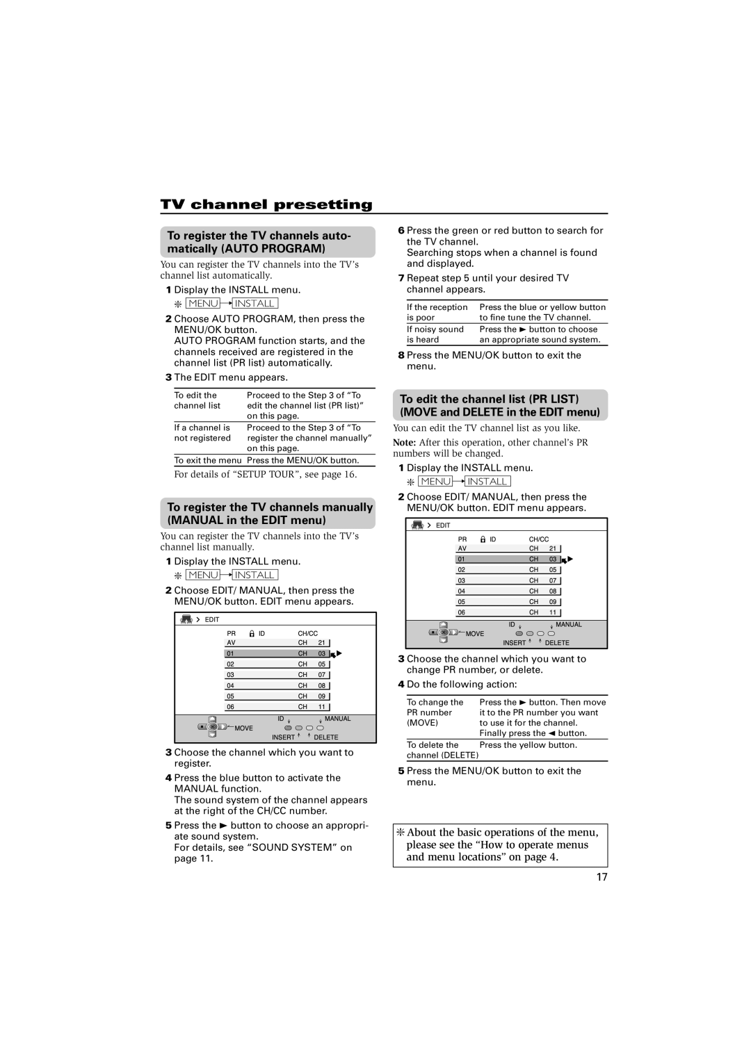 JVC HV-29VL15 specifications TV channel presetting, To register the TV channels auto- matically Auto Program, Menu Install 