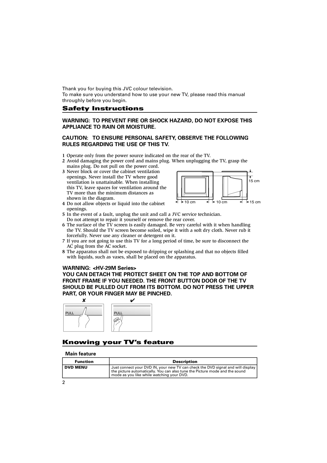 JVC GGT0087-001A-H, HV-29VL15 Safety Instructions, Knowing your TV’s feature, Main feature, Function Description 