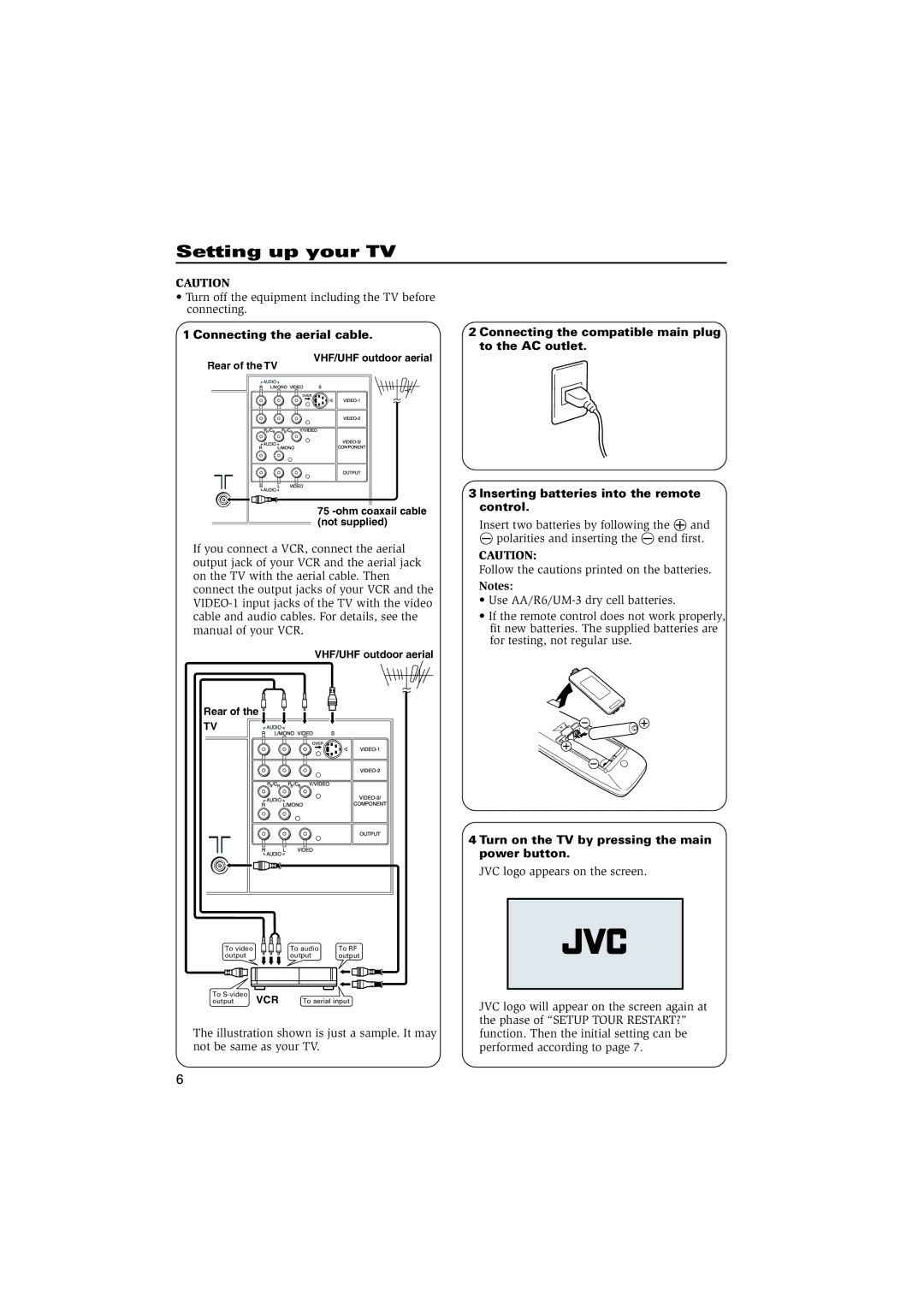 JVC GGT0087-001A-H Setting up your TV, Connecting the aerial cable, Turn on the TV by pressing the main power button 