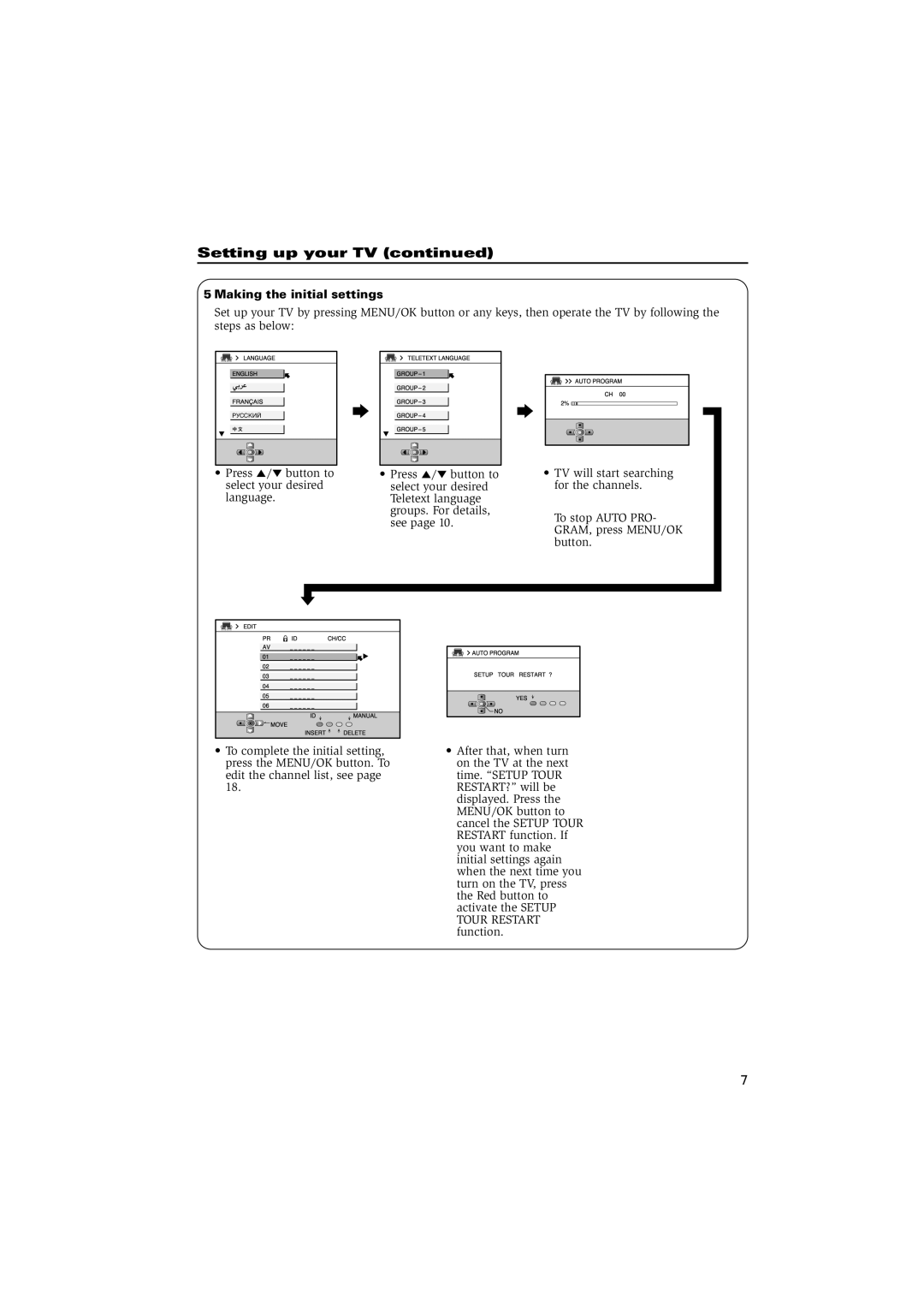 JVC HV-29VL15, GGT0087-001A-H specifications Setting up your TV, Making the initial settings 