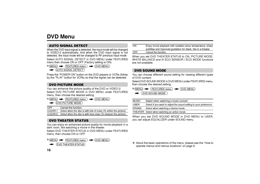 JVC GGT0116-001B-H specifications DVD Menu, Auto Signal Detect, DVD Picture Mode, DVD Theater Status, DVD Sound Mode 