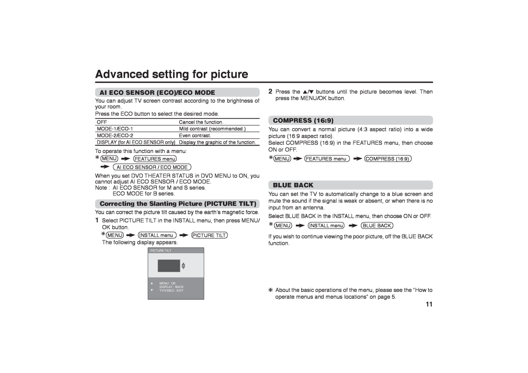 JVC GGT0116-001B-H Advanced setting for picture, Ai Eco Sensor Eco/Eco Mode, Correcting the Slanting Picture PICTURE TILT 