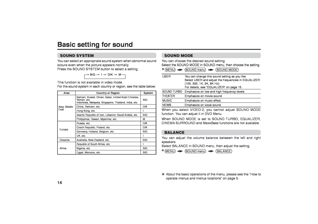 JVC GGT0116-001B-H specifications Basic setting for sound, Sound System, Sound Mode, Balance 