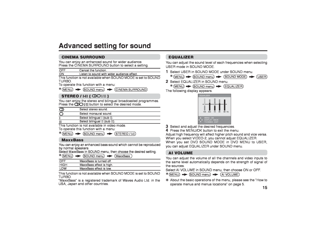 JVC GGT0116-001B-H specifications Advanced setting for sound, Cinema Surround, Stereo, MaxxBass, Equalizer, Ai Volume 
