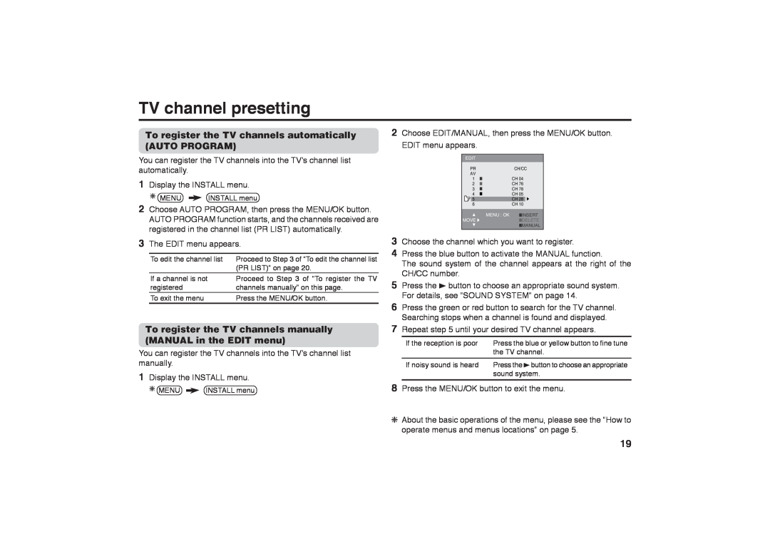JVC GGT0116-001B-H specifications TV channel presetting, To register the TV channels automatically AUTO PROGRAM 