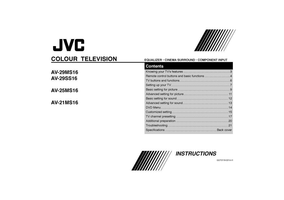 JVC GGT0118-001A-H specifications Colour Television, Speciﬁcations Back cover 