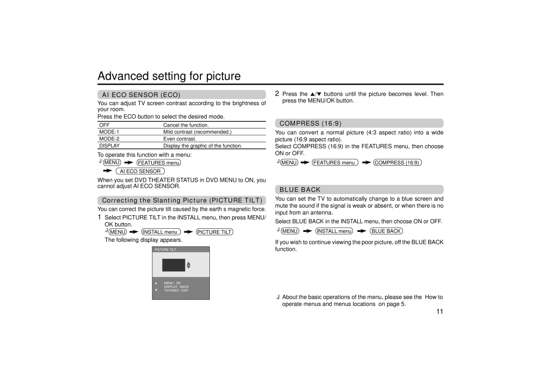 JVC GGT0118-001A-H Advanced setting for picture, AI ECO Sensor ECO, Correcting the Slanting Picture Picture Tilt, Compress 