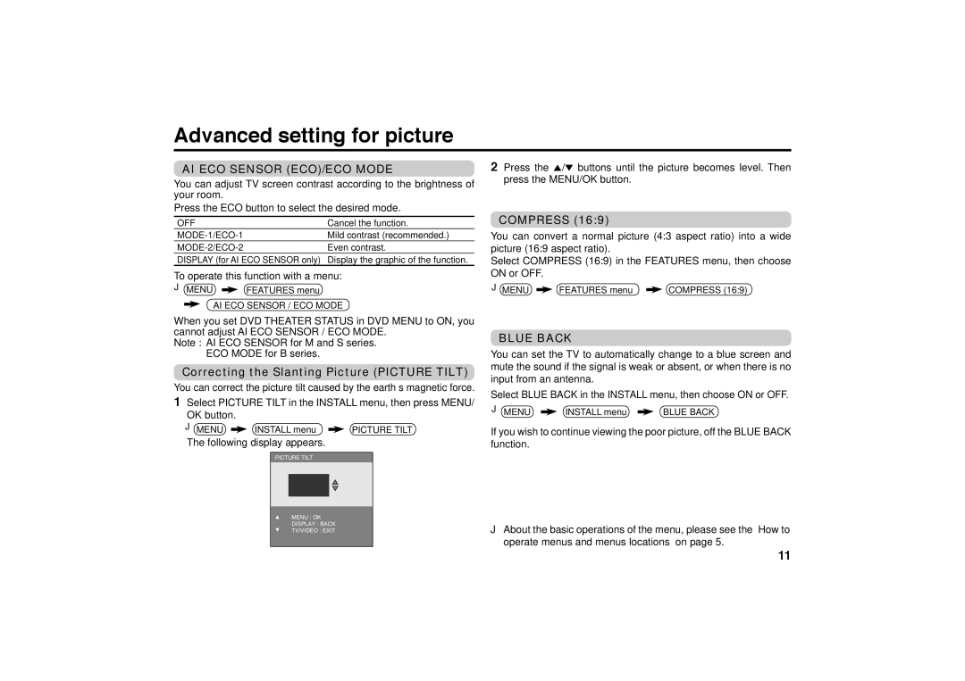 JVC GGT0118-001A-H specifications Advanced setting for picture, AI ECO Sensor ECO/ECO Mode 