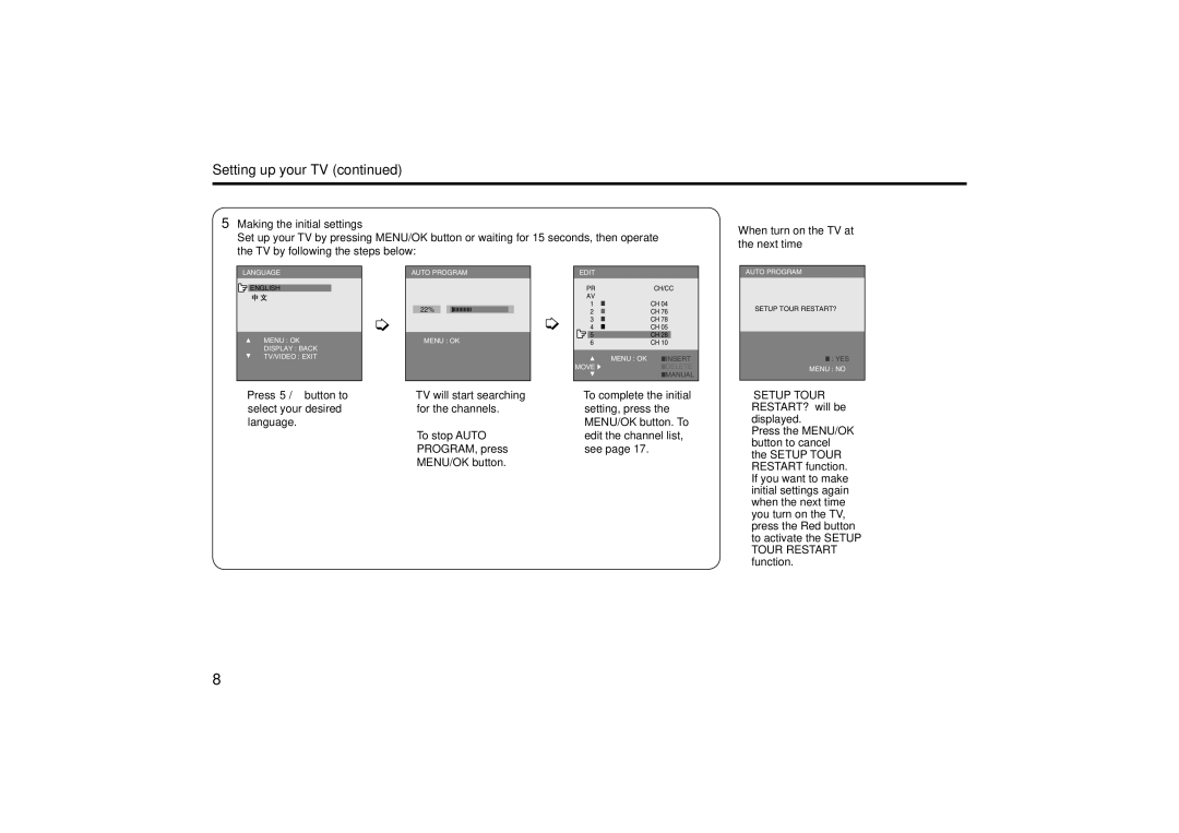 JVC GGT0118-001A-H specifications Setting up your TV, Making the initial settings, When turn on the TV at the next time 