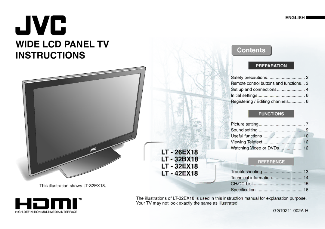 JVC GGT0211-002A-H instruction manual Wide LCD Panel TV Instructions, Contents 