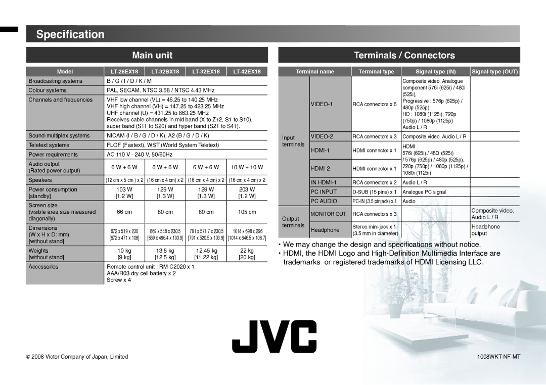 JVC GGT0211-002A-H instruction manual Speciﬁcation, Main unit 