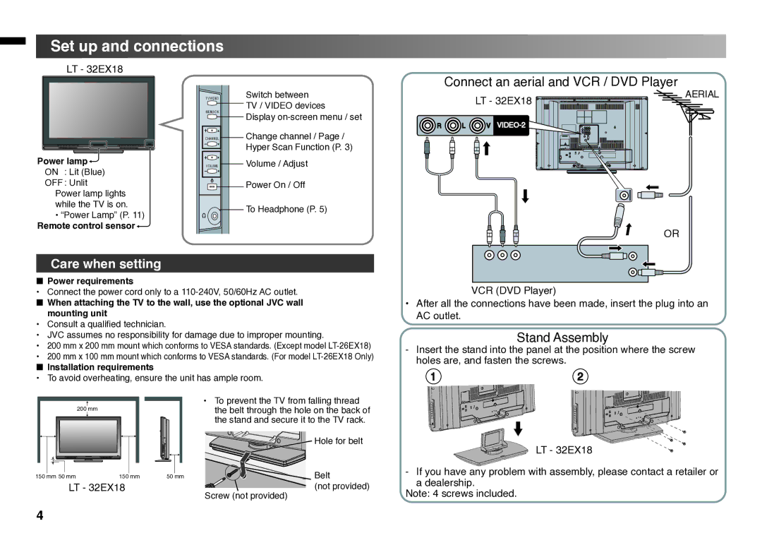 JVC GGT0211-002A-H instruction manual Set up and connections, Connect an aerial and VCR / DVD Player 