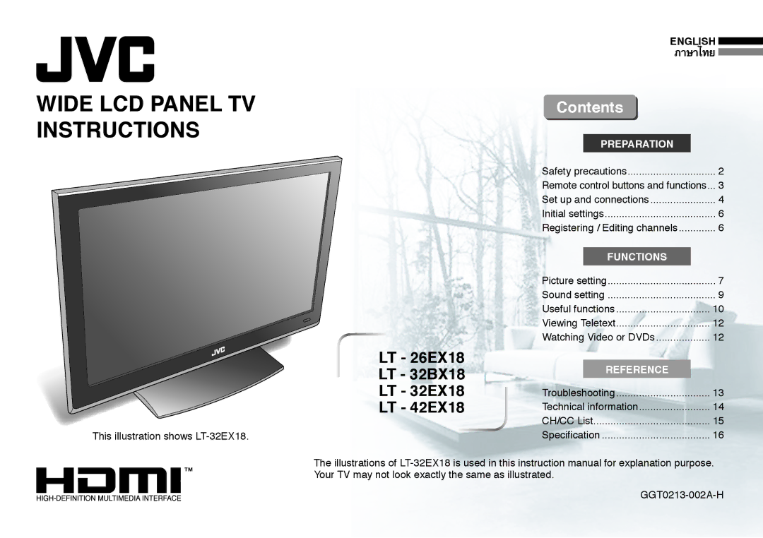 JVC LT-26EX18, GGT0213-002A-H, 1008WKT-NF-MT instruction manual Wide LCD Panel TV Instructions, Contents 