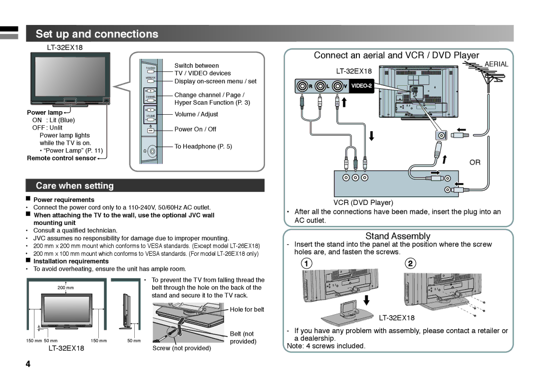 JVC LT-26EX18, GGT0213-002A-H, 1008WKT-NF-MT instruction manual Set up and connections, LT-32EX18 