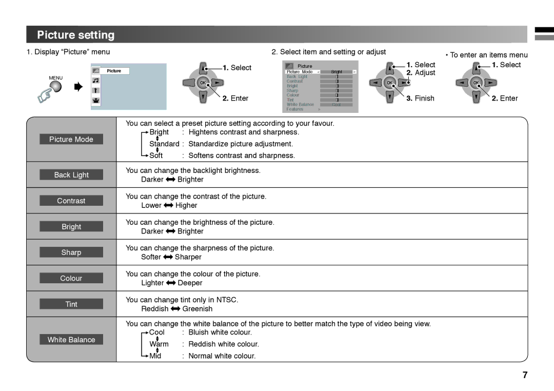 JVC LT-26EX18, GGT0213-002A-H, 1008WKT-NF-MT instruction manual Picture setting, Select Adjust Finish Enter 