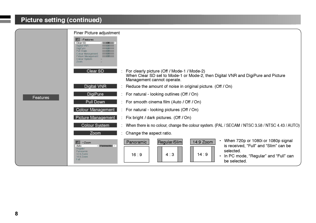 JVC 1008WKT-NF-MT, GGT0213-002A-H, LT-26EX18 instruction manual Finer Picture adjustment, Change the aspect ratio 