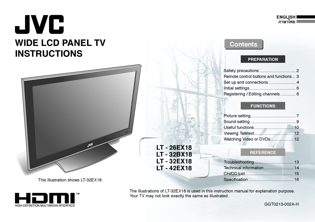 JVC LT-26EX18 instruction manual Contents, Wide Lcd Panel Tv Instructions, ภาษาไทย, English, Preparation, Functions 