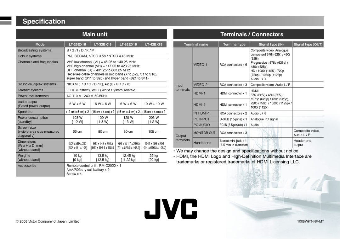 JVC LT-26EX18 Speciﬁcation, Main unit, Terminals / Connectors, Model, LT-32BX18, LT-32EX18, LT-42EX18, Terminal name 