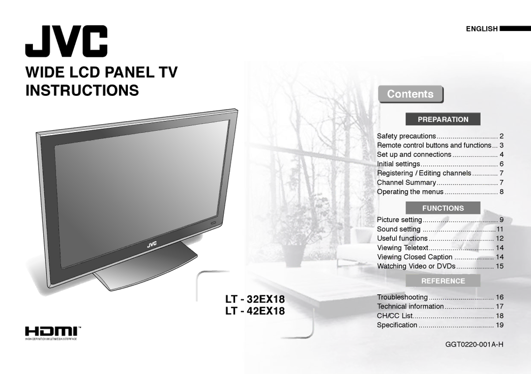 JVC GGT0220-001A-H manual Wide LCD Panel TV Instructions, Contents 