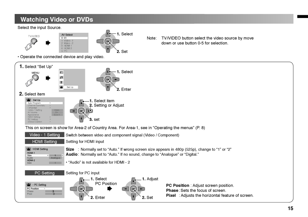 JVC GGT0220-001A-H manual Watching Video or DVDs, Hdmi Setting, PC Setting, Enter Set 