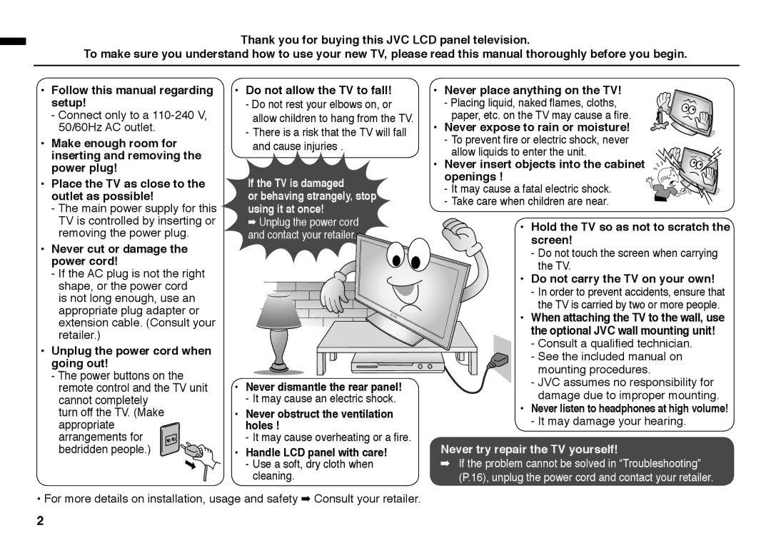 JVC GGT0220-001A-H manual Never try repair the TV yourself 