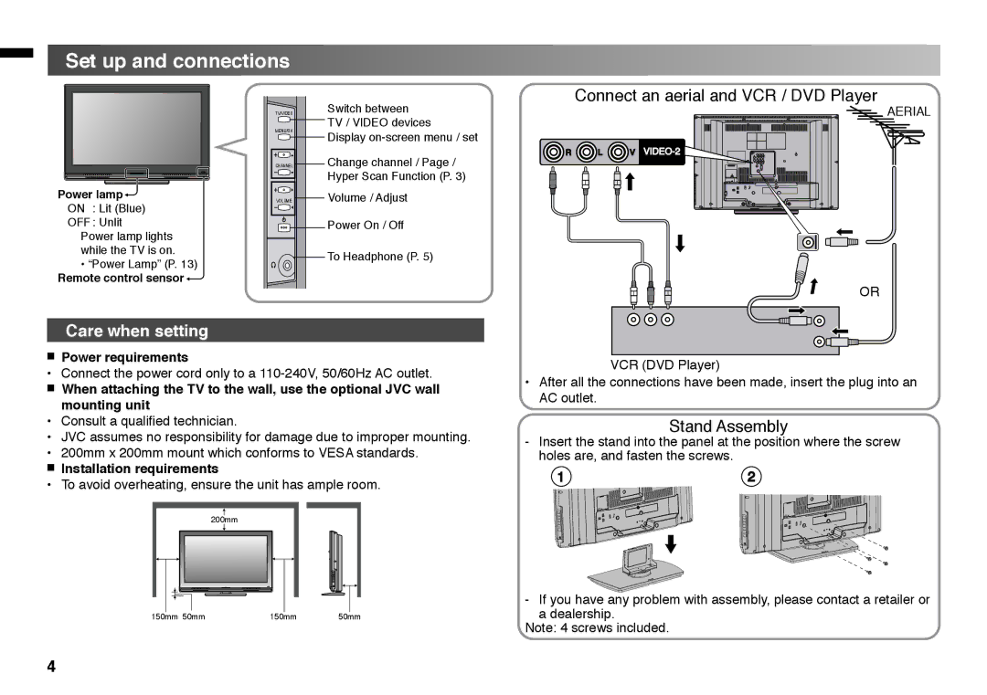 JVC GGT0220-001A-H manual Set up and connections, Power requirements, Installation requirements 