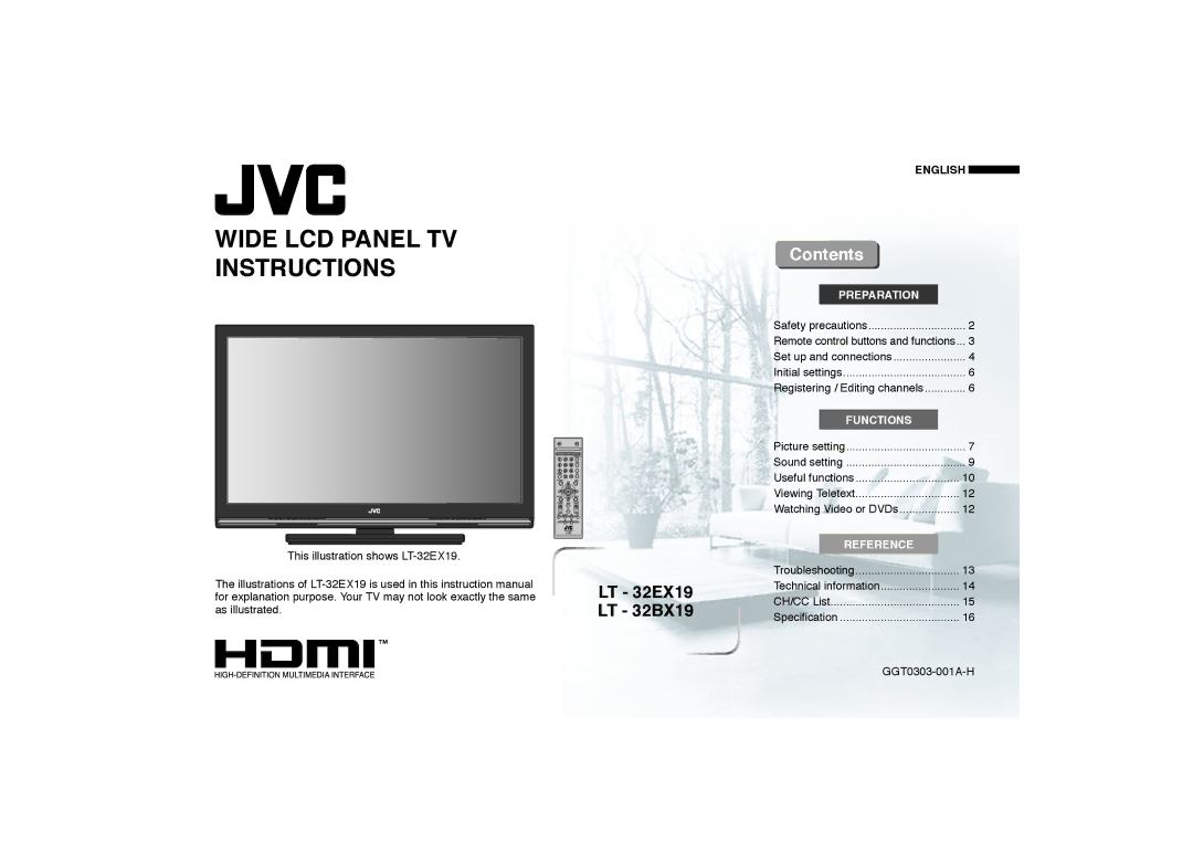 JVC LT-32BX19, GGT0303-001A-H, LT-32EX19 instruction manual Wide LCD Panel TV Instructions, Contents 