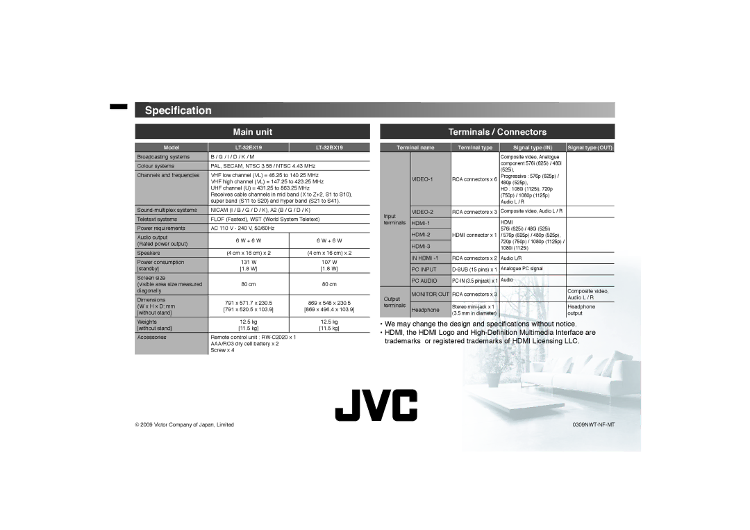 JVC LT-32BX19, GGT0303-001A-H, LT-32EX19 instruction manual Speciﬁcation, Main unit 