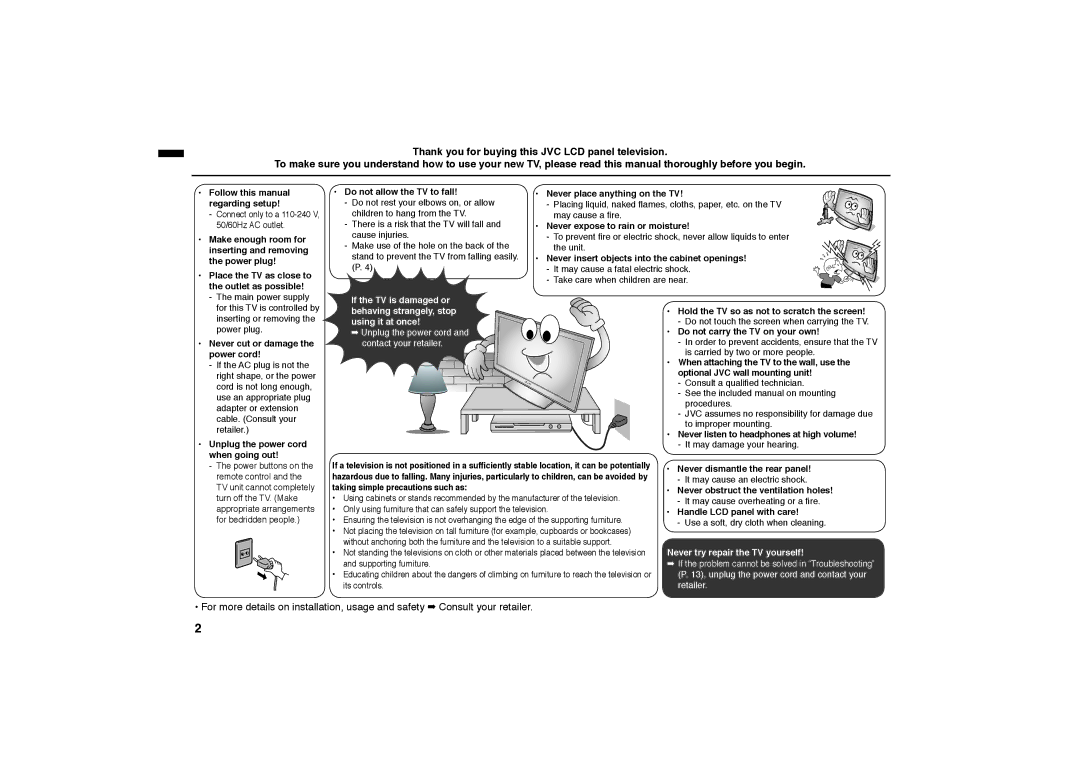 JVC LT-32EX19, GGT0303-001A-H, LT-32BX19 instruction manual Never try repair the TV yourself 