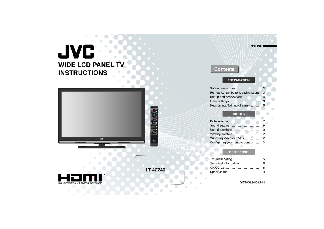 JVC GGT0312-001A-H manual Wide LCD Panel TV Instructions, Contents 