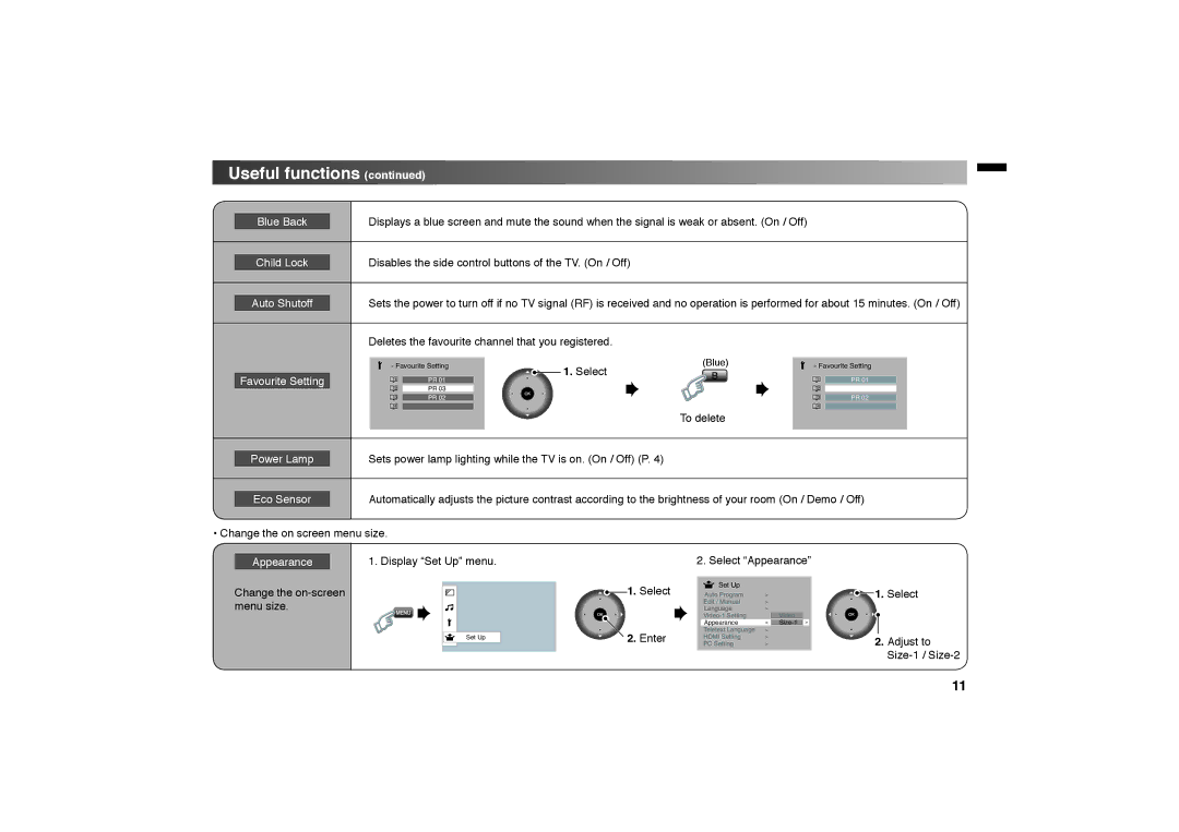 JVC GGT0312-001A-H manual Blue Back, Child Lock, Favourite Setting 