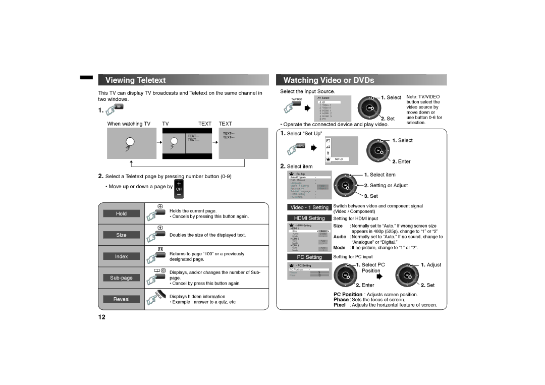 JVC GGT0312-001A-H manual Viewing Teletext Watching Video or DVDs, Select PC, Position Enter Set 