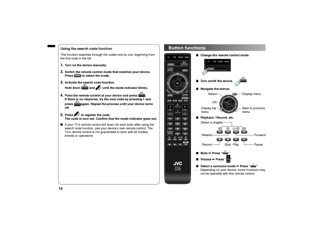 JVC GGT0312-001A-H manual Button functions, Playback / Record, etc, Mute Press Volume Press Select a surround mode Press 