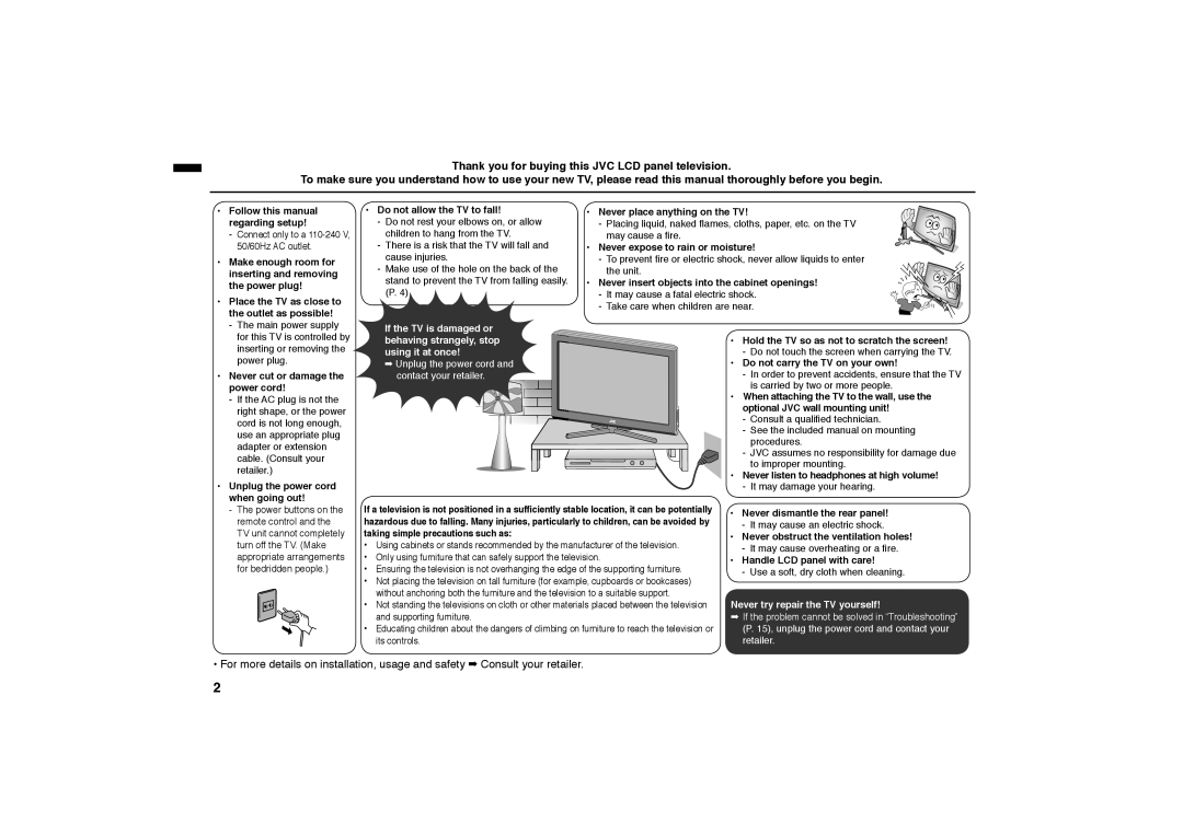 JVC GGT0312-001A-H manual Never try repair the TV yourself 