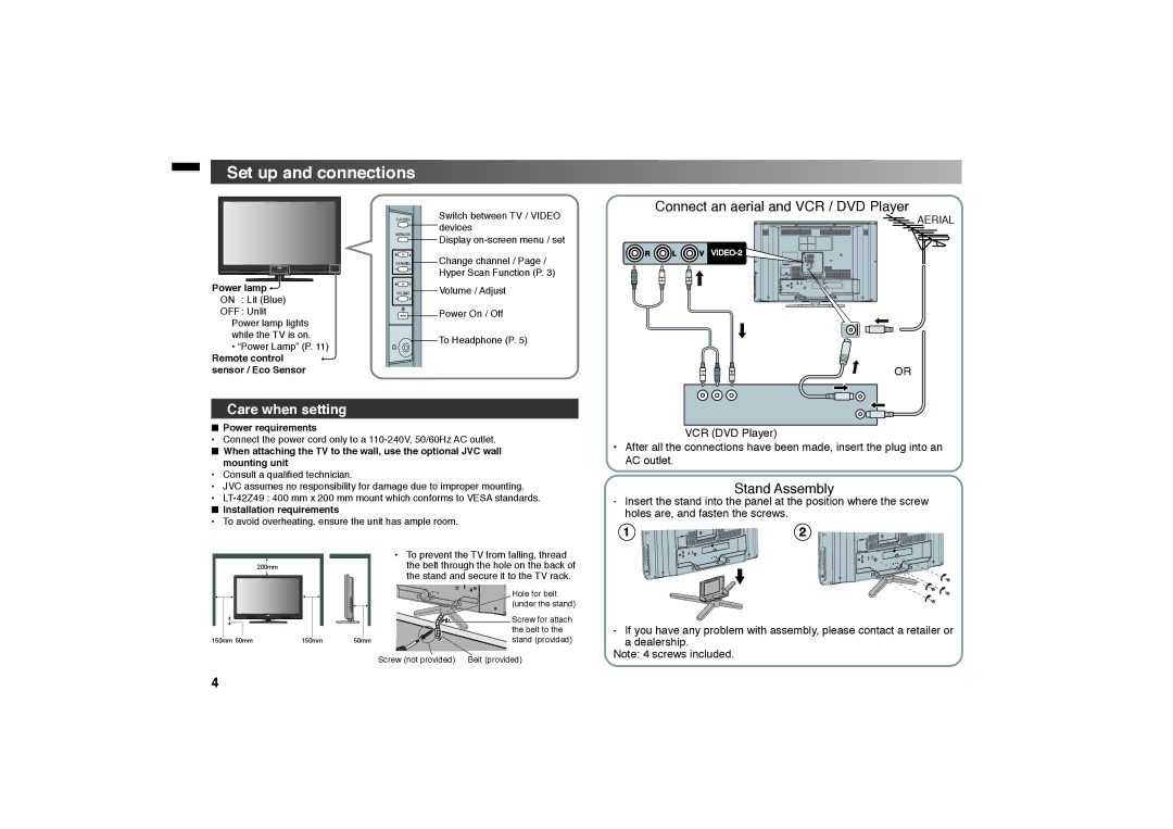 JVC GGT0312-001A-H manual Set up and connections, Care when setting 