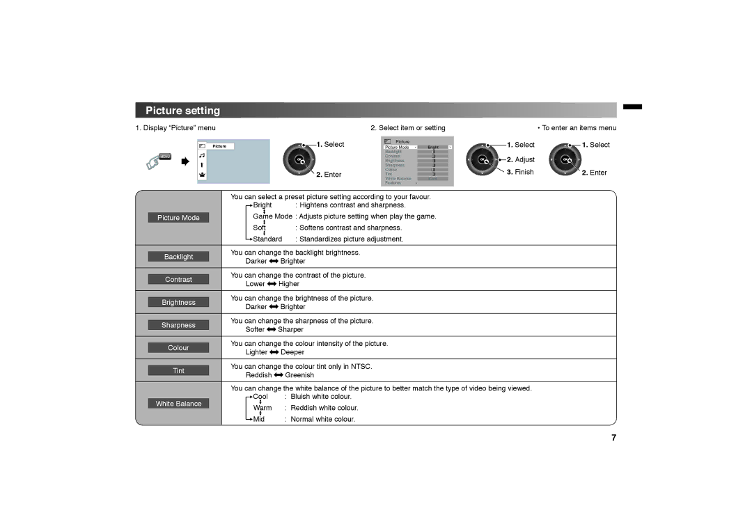 JVC GGT0312-001A-H manual Picture setting, Select Adjust Finish Enter 