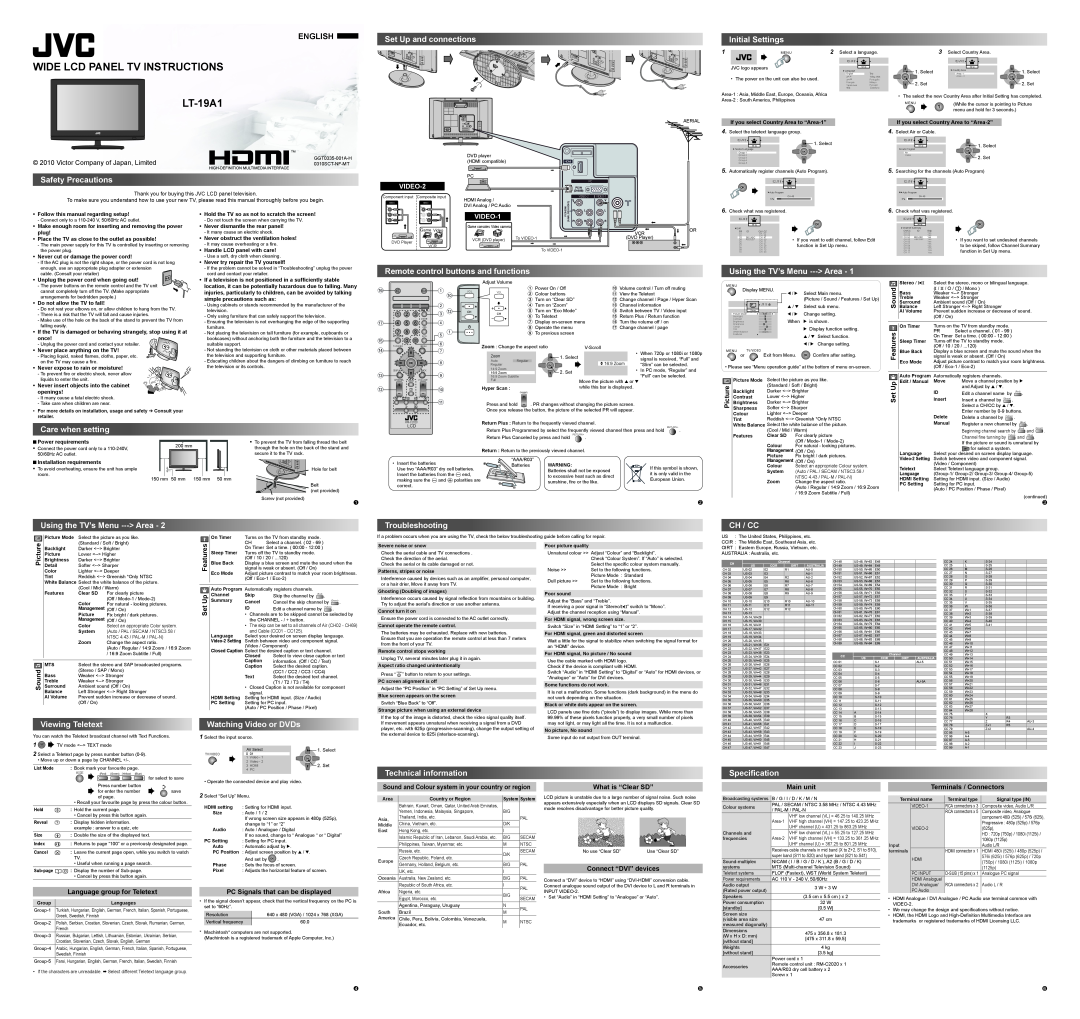 JVC GGT0335-001A-H, 0310SCT-NF-MT dimensions WIDE LCD PANEL TV INSTRUCTIONS LT-19A1, English 