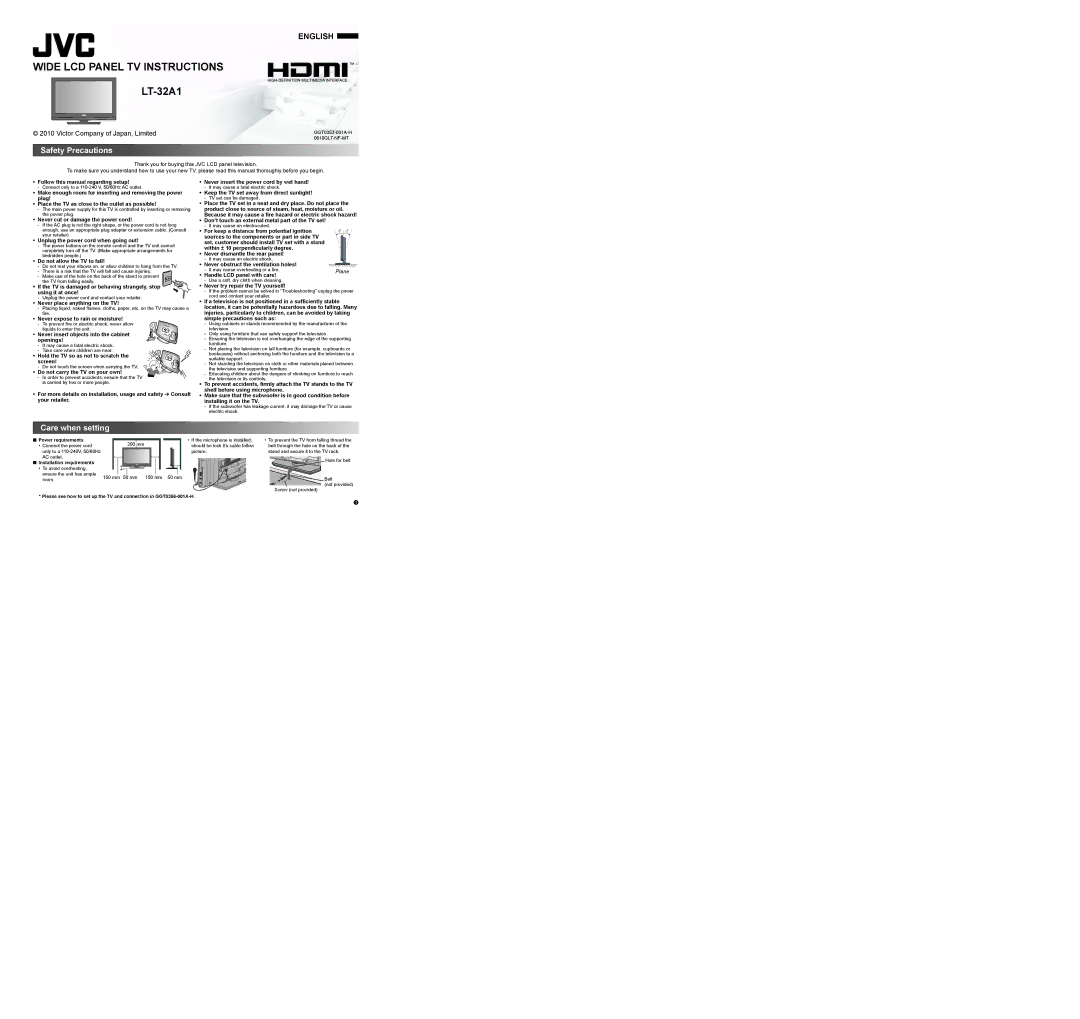 JVC 0610GLT-NF-MT dimensions Safety Precautions, Care when setting, Power requirements, Installation requirements 