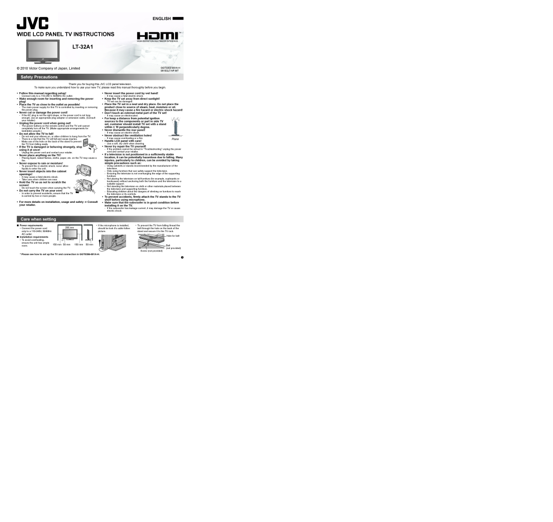 JVC 0610GLT-NF-MT dimensions Safety Precautions, Care when setting, WIDE LCD PANEL TV INSTRUCTIONS LT-32A1, English, Plane 