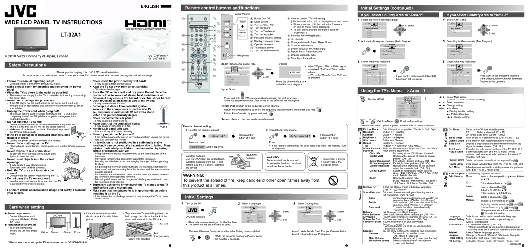 JVC GGT0356-001A-H manual Remote control buttons and functions, Initial Settings, Safety Precautions, Care when setting 