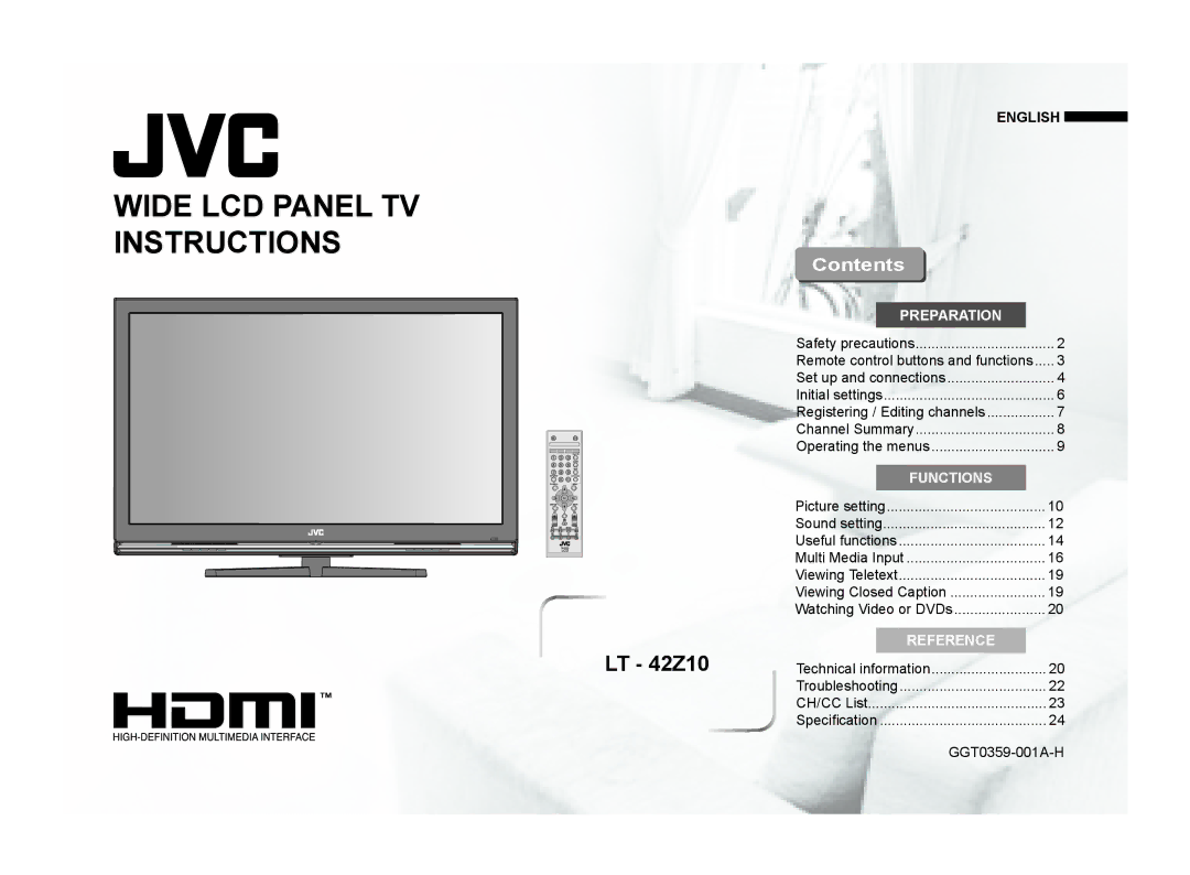 JVC LT-42Z10, GGT0359-001A-H manual Wide LCD Panel TV Instructions, Contents 