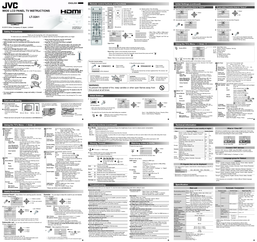 JVC GGT0362-001A-H dimensions WIDE LCD PANEL TV INSTRUCTIONS LT-32A1, English 