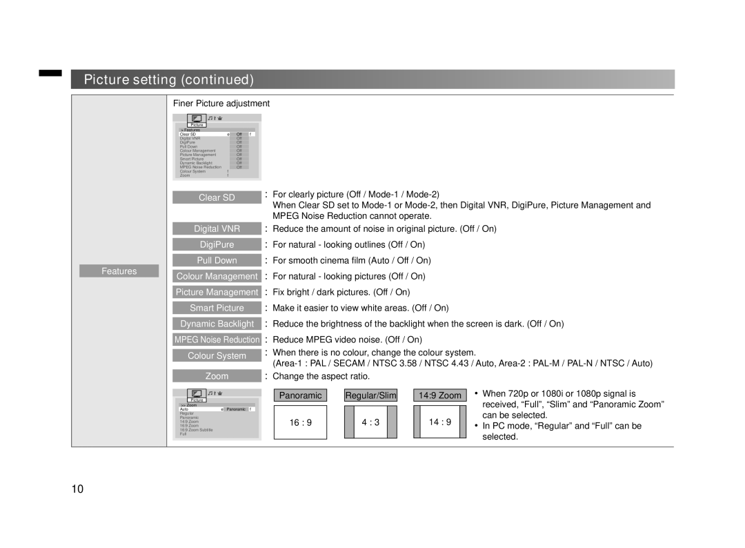 JVC GGT0372-001A-H manual Features, Clear SD, Digital VNR, DigiPure, Pull Down, Colour Management, Picture Management, Zoom 