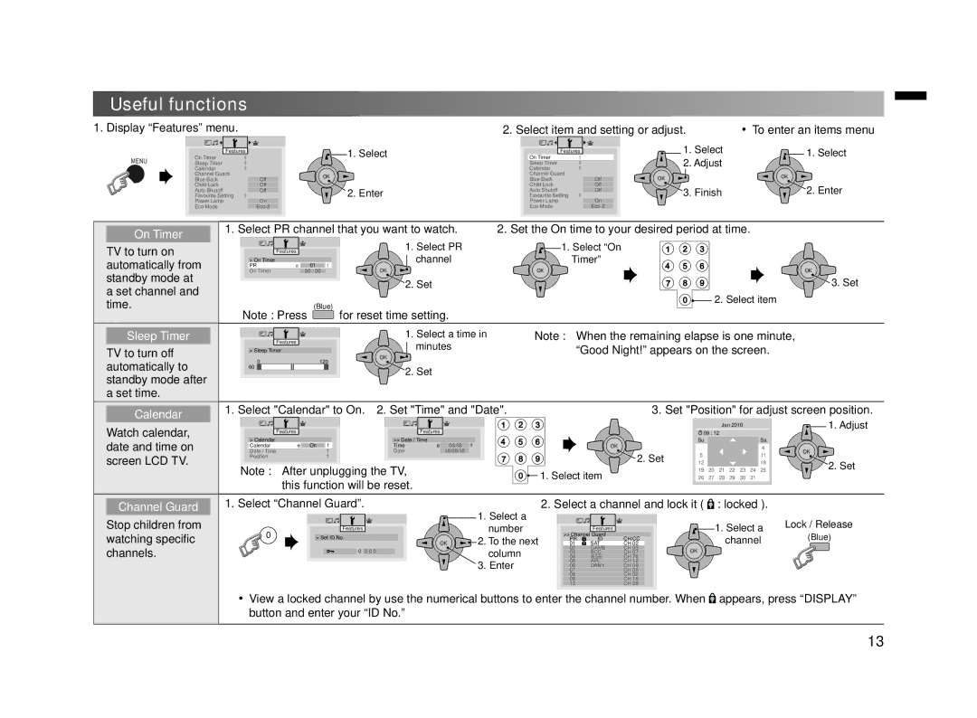 JVC LT-42E10, GGT0372-001A-H manual Useful functions, On Timer, Sleep Timer, Calendar, Channel Guard 