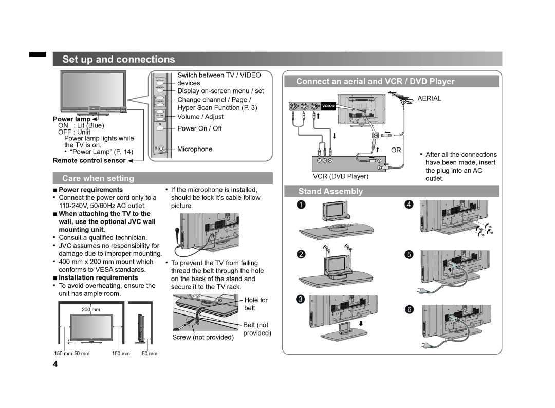 JVC GGT0372-001A-H manual Set up and connections, Connect an aerial and VCR / DVD Player, Care when setting, Stand Assembly 