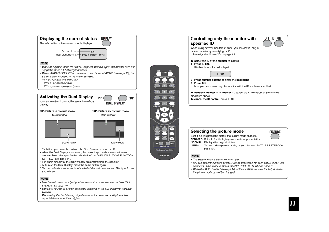 JVC GM-F420S Displaying the current status, Activating the Dual Display, Controlling only the monitor with specified ID 