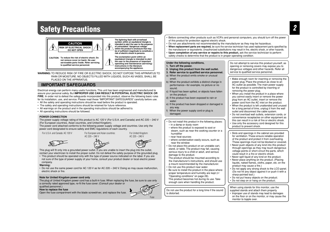 JVC GM-F420S, GM-F520S, GM-F470S specifications Safety Precautions, Power Connection, How to replace the fuse 