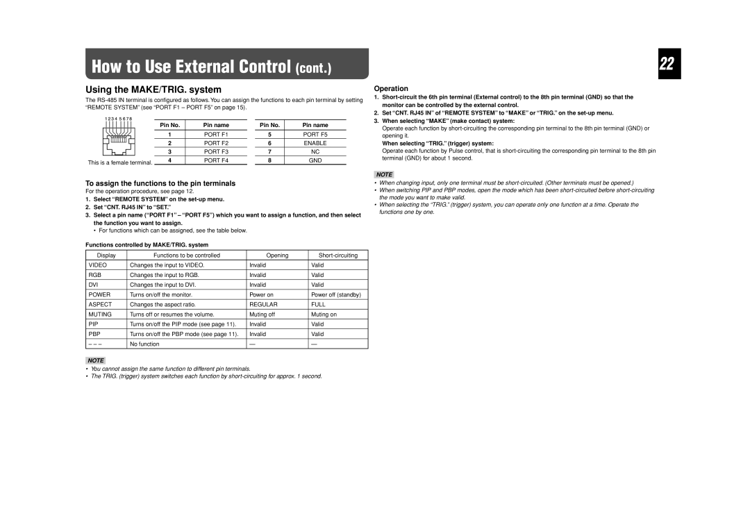 JVC GM-F470S How to Use External Control, Using the MAKE/TRIG. system, To assign the functions to the pin terminals 