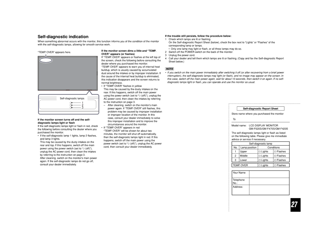 JVC GM-F520S, GM-F470S Self-diagnostic indication, If the trouble still persists, follow the procedure below, TEMP. Over 